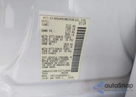 2019 Nissan Titan Sv z USA, uszkodzony, nr VIN 1N6AA1E52KN527200